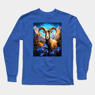 Cartoon Of A Colorado Bighorn Sheep Blue Columbine Long Sleeve T-Shirt